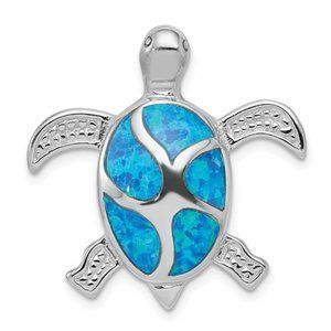 Sterling Silver Blue Created Opal Turtle Pendant